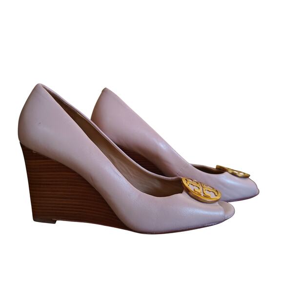 Tory Burch Pink Leather Wedge Peeptoe Heels Gold Logo Size 5M - Picture 1 of 5